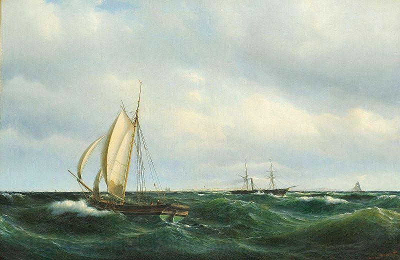 Vilhelm Melbye Stormfuld Eftermiddag i Skagerak. En dansk Jagt og forskjellige Skibe passere Skagen